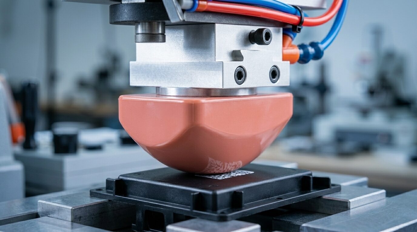 Tampón de silicona transfiriendo la impresión sobre la pieza